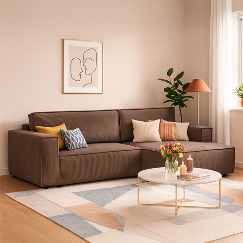 Canapé d'angle à droite convertible 3 places en velours côtelé marron - Asti