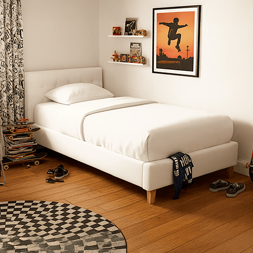 Lit adulte 90x190 cm avec tête de lit capitonnée en tissu beige - Milo