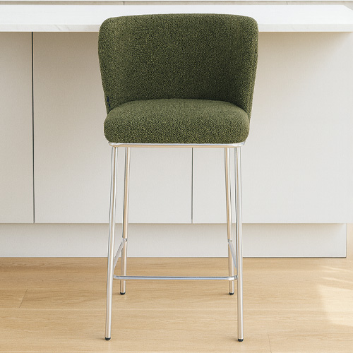 Lot de 2 tabourets de bar en tissu bouclé vert, piètement chromé - Toma