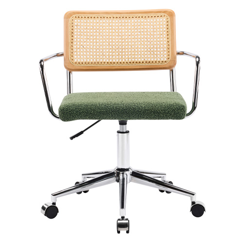 Fauteuil de bureau pivotant et réglable en hauteur en tissu bouclé vert et cannage - Julian