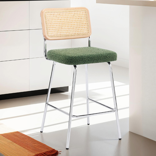 Lot de 2 chaises de bar en cannage et velours côtelé vert kaki, piètement chromé - Muse