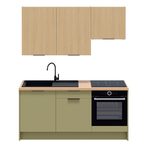 Ensemble de 6 meubles de cuisine - L. 185 cm - vert olive et chêne clair cannelé - Luzia Signature