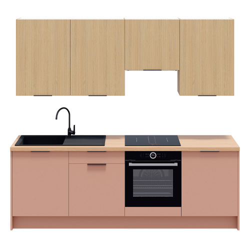 Ensemble de 8 meubles de cuisine - L. 245 cm - abricot et chêne clair cannelé - Luzia Signature