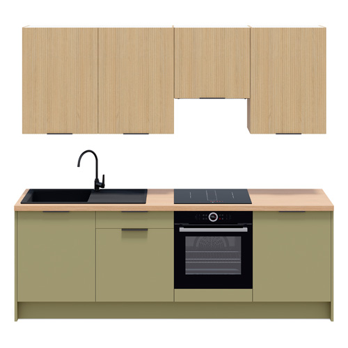 Ensemble de 8 meubles de cuisine - L. 245 cm - vert olive et chêne clair cannelé - Luzia Signature