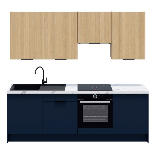 Ensemble de 8 meubles de cuisine - L. 245 cm - bleu marine et chêne clair cannelé - Luzia Signature