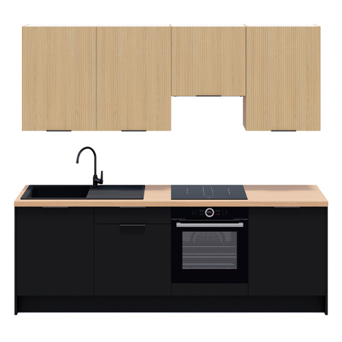 Ensemble de 8 meubles de cuisine - L. 245 cm - noir et chêne clair cannelé - Luzia Signature