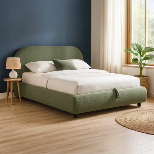 Lit coffre 180x200 cm avec tête de lit matelassée en tissu bouclé vert kaki - Madisson