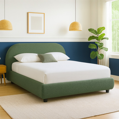 Lit adulte 140x190 cm avec sommier et tête de lit matelassée en tissu bouclé vert kaki - Maddie