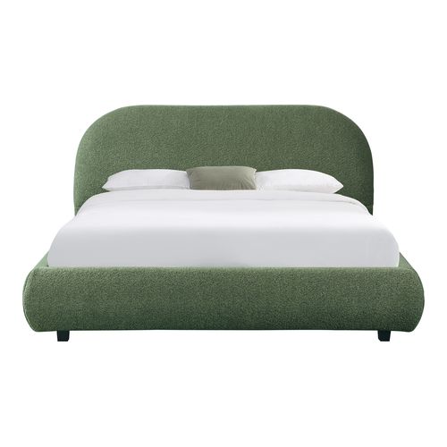 Lit adulte 160x200 cm avec sommier et tête de lit matelassée en tissu bouclé vert kaki - Maddie