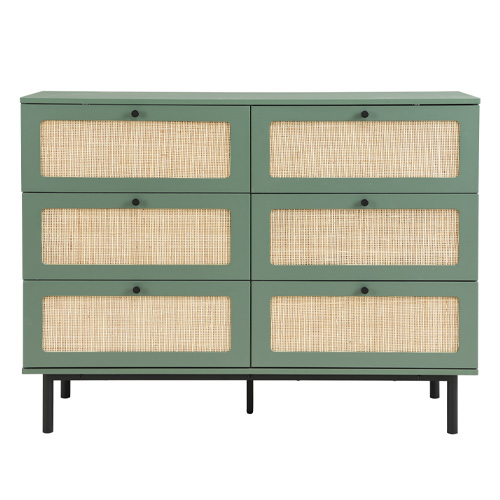 Commode en cannage 6 tiroirs verte 120cm - Luma