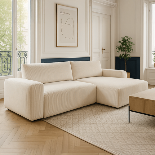 Canapé d'angle droit convertible 3 places en velours côtelé beige - Sonny