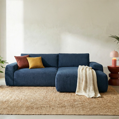 Canapé d'angle droit convertible 3 places en velours côtelé bleu - Sonny