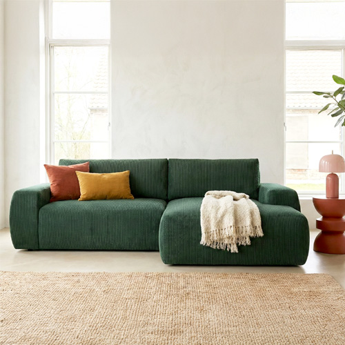 Canapé d'angle droit convertible 3 places en velours côtelé vert - Sonny