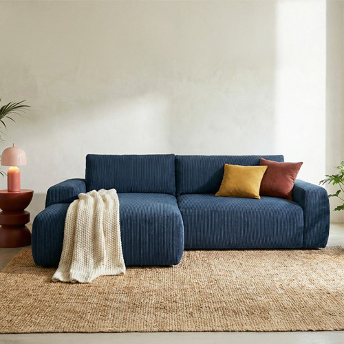 Canapé d'angle gauche convertible 3 places en velours côtelé bleu - Sonny