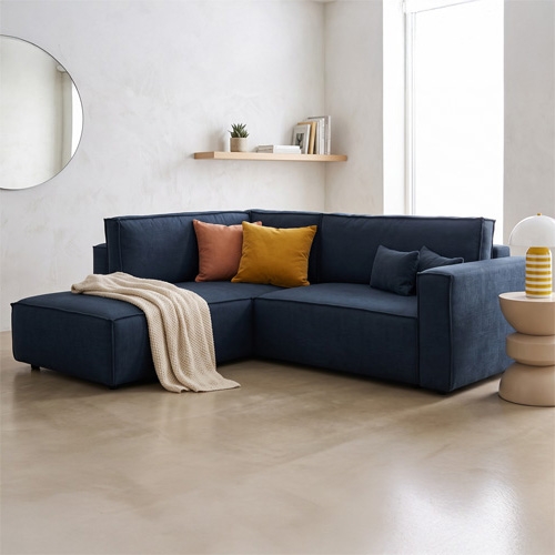 Canapé d'angle ouvert à gauche convertible 3 places en tissu chenille bleu foncé - Emma