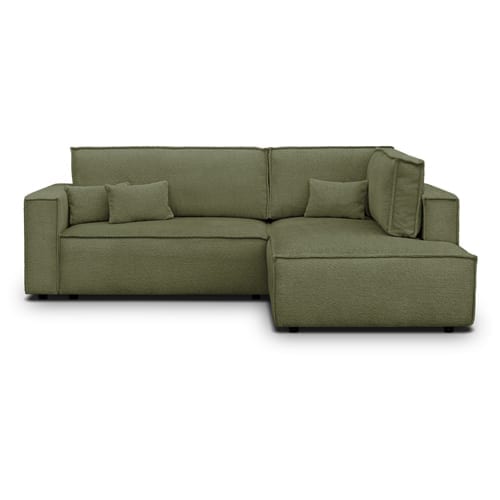 Canapé d'angle ouvert à gauche convertible 3 places en tissu bouclé vert olive - Emma