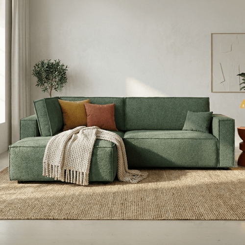 Canapé d'angle ouvert à droite convertible 3 places en tissu bouclé vert foncé - Emma