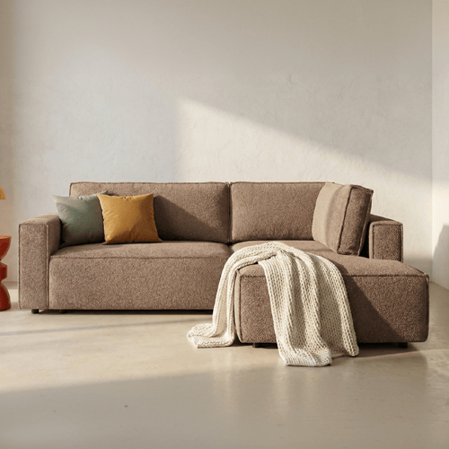 Canapé d'angle ouvert à droite convertible 3 places en tissu bouclé rose poudré - Emma