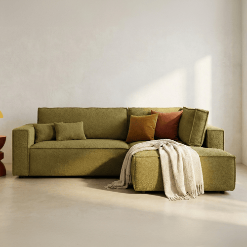 Canapé d'angle ouvert à droite convertible 3 places en tissu bouclé jaune moutarde - Emma