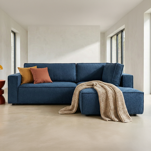 Canapé d'angle ouvert à droite convertible 3 places en tissu bouclé bleu foncé - Emma