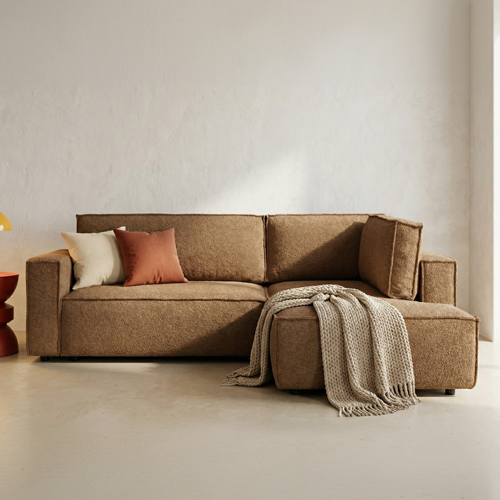 Canapé d'angle ouvert à droite convertible 3 places en tissu bouclé rouille - Emma