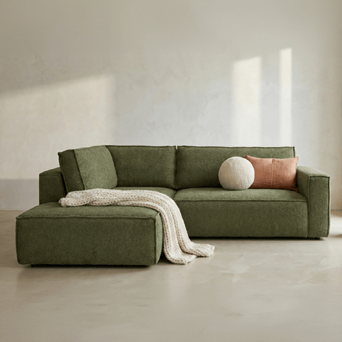 Canapé d'angle ouvert à droite convertible 3 places en tissu bouclé vert olive - Emma