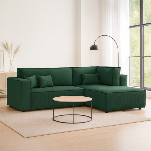 Canapé d'angle ouvert à droite convertible 3 places en velours côtelé vert - Emma