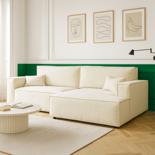 Canapé d'angle à droite convertible 3 places en tissu chenille beige - Asti
