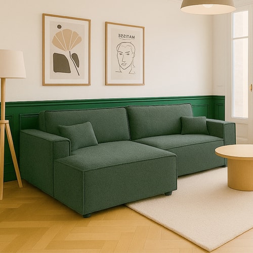 Canapé d'angle à gauche convertible 3 places en tissu bouclé vert foncé - Asti