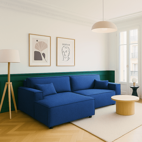 Canapé d'angle à gauche convertible 3 places en tissu bouclé bleu foncé - Asti