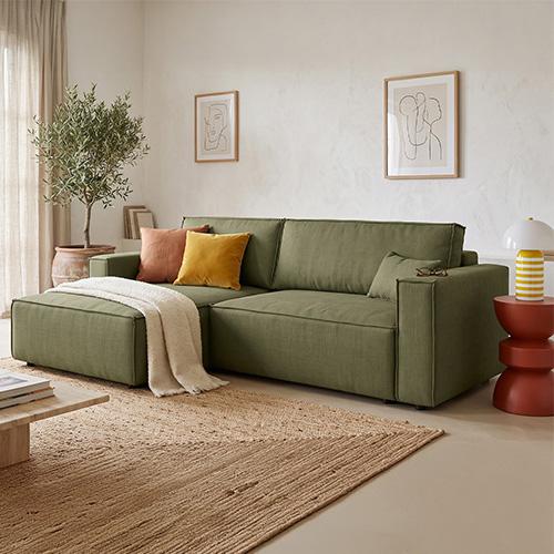 Canapé d'angle à gauche convertible 3 places en tissu chenille vert olive - Asti