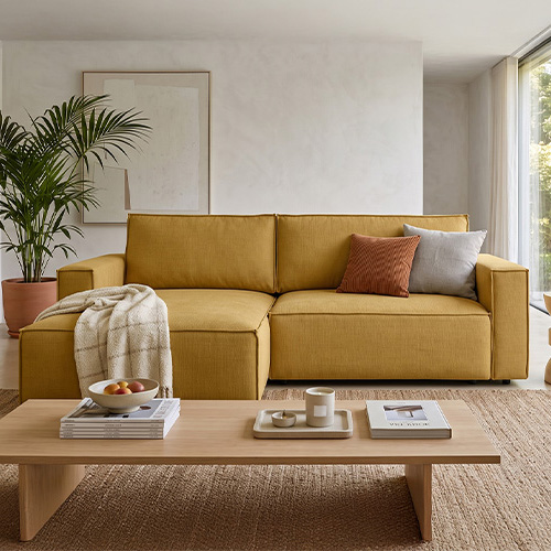 Canapé d'angle à gauche convertible 3 places en tissu chenille jaune moutarde - Asti