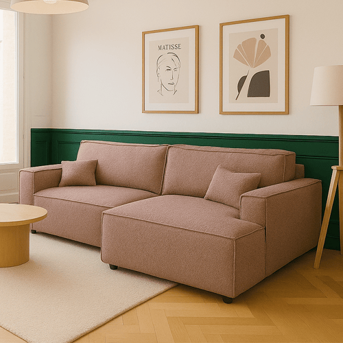 Canapé d'angle à droite convertible 3 places en tissu bouclé rose poudré - Asti