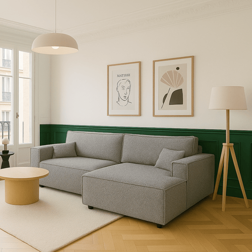 Canapé d'angle à droite convertible 3 places en tissu bouclé gris clair - Asti