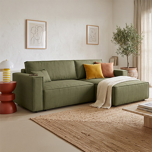 Canapé d'angle à droite convertible 3 places en tissu chenille vert olive - Asti