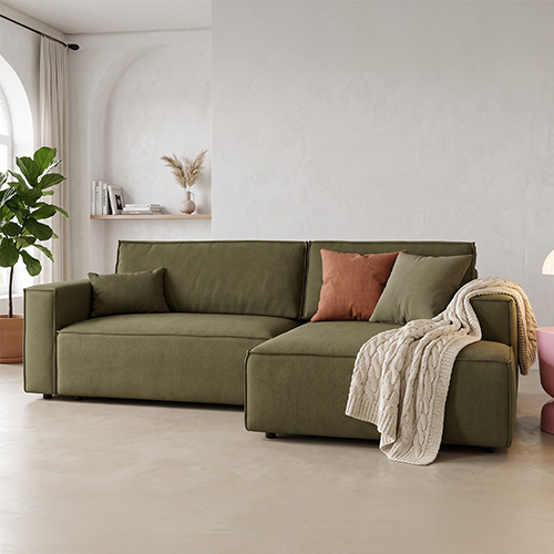 Canapé d'angle à droite convertible 3 places en tissu chenille vert kaki - Asti