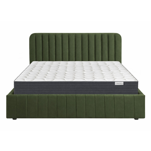 Ensemble Lit coffre adulte 140x190cm avec tête de lit en velours vert kaki - Ava + Matelas mémoire de forme - Memo HR