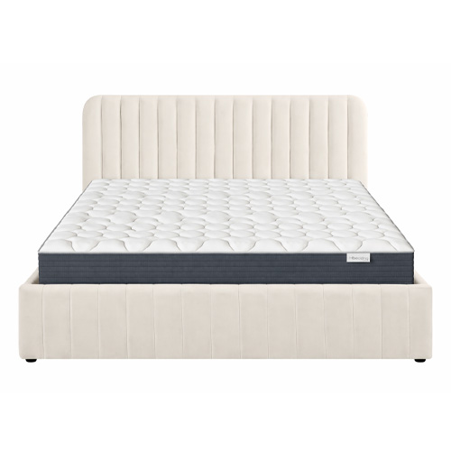 Ensemble Lit coffre adulte 180x200cm avec tête de lit en velours beige - Ava + Matelas mémoire de forme - Memo HR