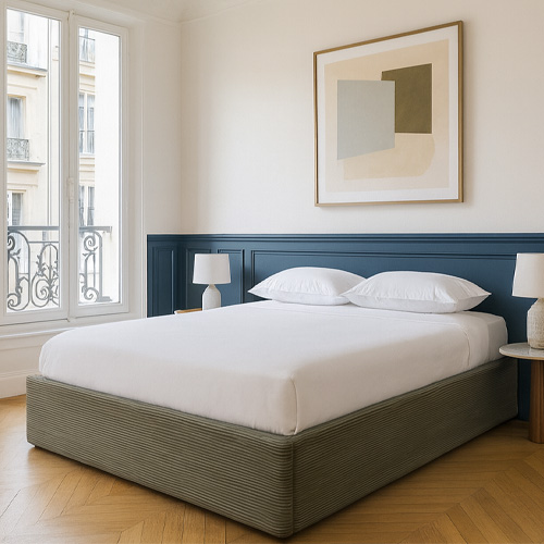 Ensemble Lit coffre adulte 140x190cm en velours côtelé vert avec sommier - Handy + Matelas mémoire de forme - Memo HR