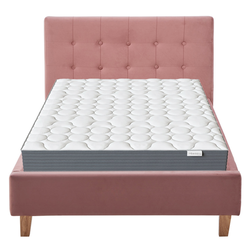 Ensemble Lit adulte 90x190cm avec tête de lit en velours vieux rose - Milo + Matelas mémoire de forme - Memo HR