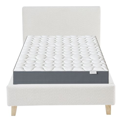 Ensemble Lit adulte 90x190cm avec tête de lit en tissu bouclé beige - Milo + Matelas mémoire de forme - Memo HR