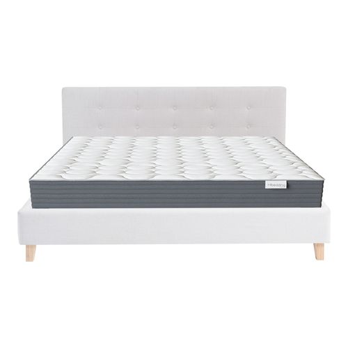 Ensemble Lit adulte 140x190cm avec tête de lit en tissu beige - Milo + Matelas mémoire de forme - Memo HR