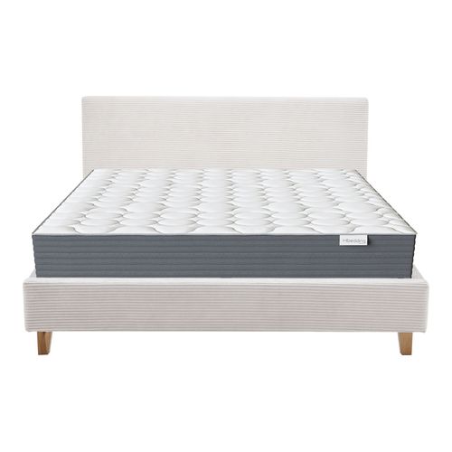 Ensemble Lit adulte 140x190cm avec tête de lit en velours côtelé beige - Milo + Matelas mémoire de forme - Memo HR