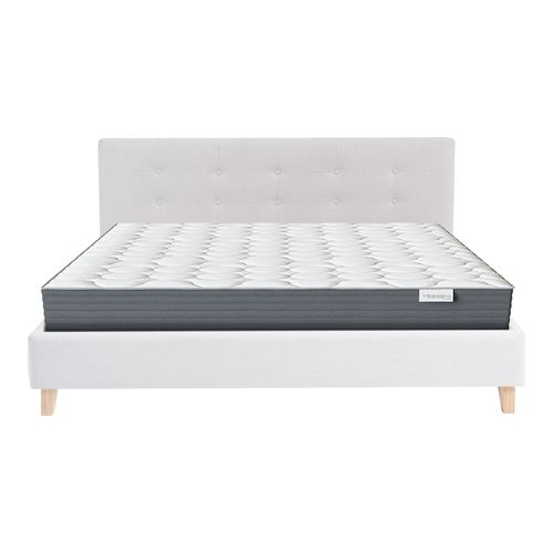 Ensemble Lit adulte 180x200cm avec tête de lit en tissu beige - Milo + Matelas mémoire de forme - Memo HR