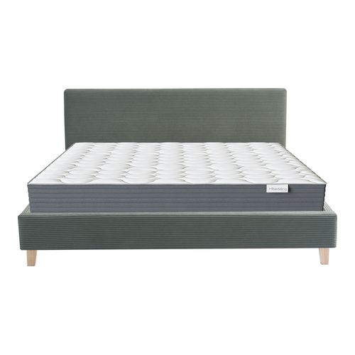 Ensemble Lit adulte 180x200cm avec tête de lit en velours côtelé vert kaki - Milo + Matelas mémoire de forme - Memo HR