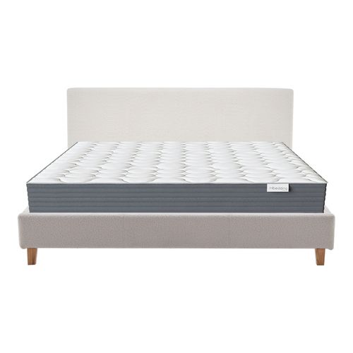 Ensemble Lit adulte 180x200cm avec tête de lit en tissu bouclé beige - Milo + Matelas mémoire de forme - Memo HR