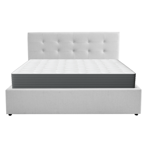 Ensemble Lit coffre adulte 140x190cm avec tête de lit en tissu gris - Tina + Matelas mémoire de forme - Memo HR
