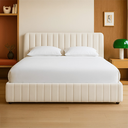 Ensemble Lit coffre adulte 140x190cm avec tête de lit en velours beige - Ava + Matelas ressorts ensachés - Spring Elite