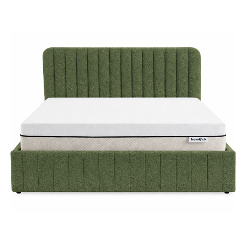 Ensemble Lit coffre adulte 140x190cm avec tête de lit en tissu bouclé vert - Ava + Matelas ressorts ensachés - Spring Elite