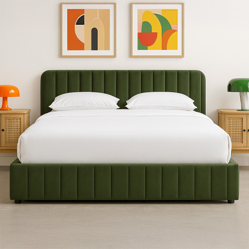 Ensemble Lit coffre adulte 160x200cm avec tête de lit en velours vert kaki - Ava + Matelas ressorts ensachés - Spring Elite